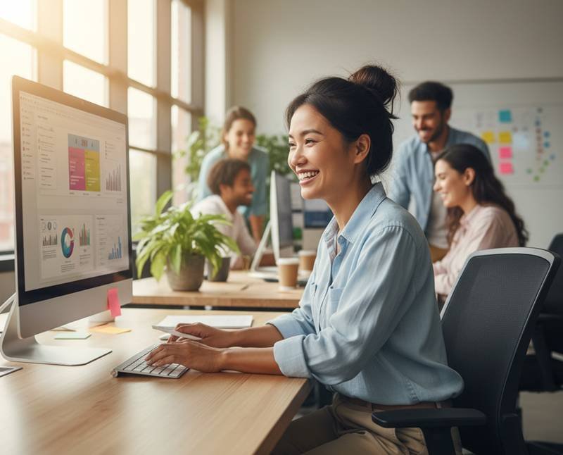 mujer feliz a pesar de la carga laboral