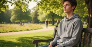 adolescente con TEA enfrentando ansiedad en un entorno ruidoso